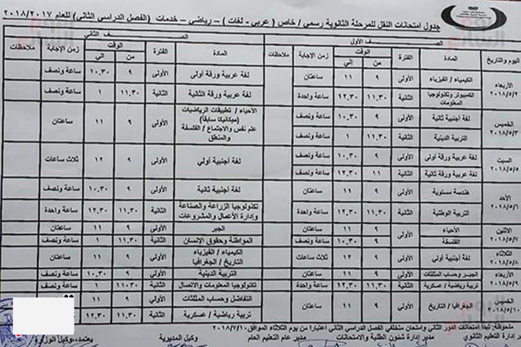 جداول إمتحانات النقل والشهادة الاعدادية أخر العام 2018 محافظة بني سويف 1