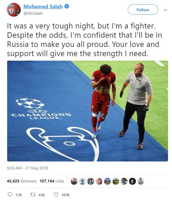 بالصور| أول تعليق لـ«محمد صلاح» عن حالته الصحية ومشاركته في كأس العالم بروسيا 2018 1