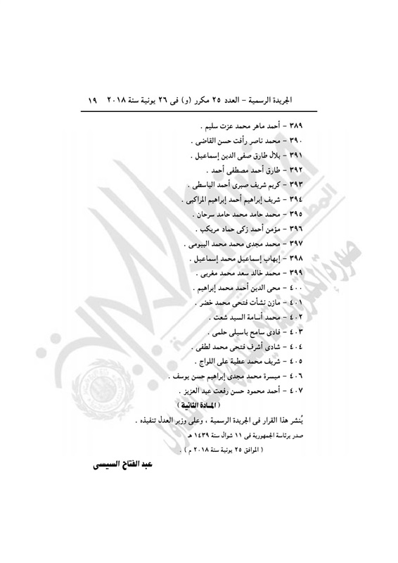 عاجل بالصور| التليفزيون المصري ينشر 407 اسم ممن تضمنهم القرار الجمهوري لـ«السيسي» الذي أصدره منذ قليل.. والجريدة الرسمية تنشره 25