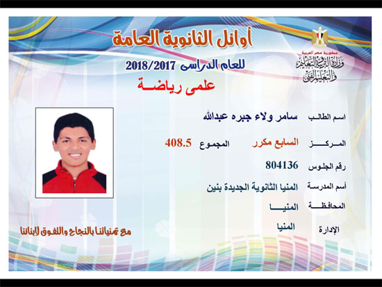 ننشر أسماء أوائل الثانوية العامة 2018 على مستوى محافظات جمهورية مصر العربية 14