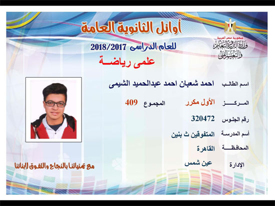 ننشر أسماء أوائل الثانوية العامة 2018 على مستوى محافظات جمهورية مصر العربية 120