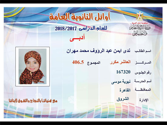 ننشر أسماء أوائل الثانوية العامة 2018 على مستوى محافظات جمهورية مصر العربية 151