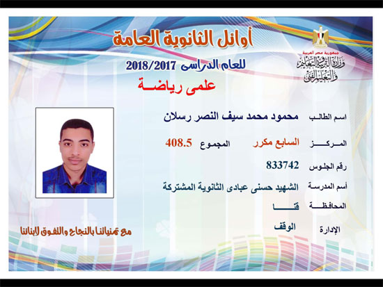 ننشر أسماء أوائل الثانوية العامة 2018 على مستوى محافظات جمهورية مصر العربية 25