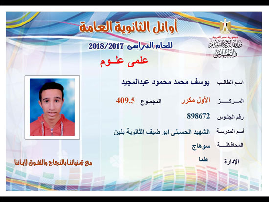 ننشر أسماء أوائل الثانوية العامة 2018 على مستوى محافظات جمهورية مصر العربية 9