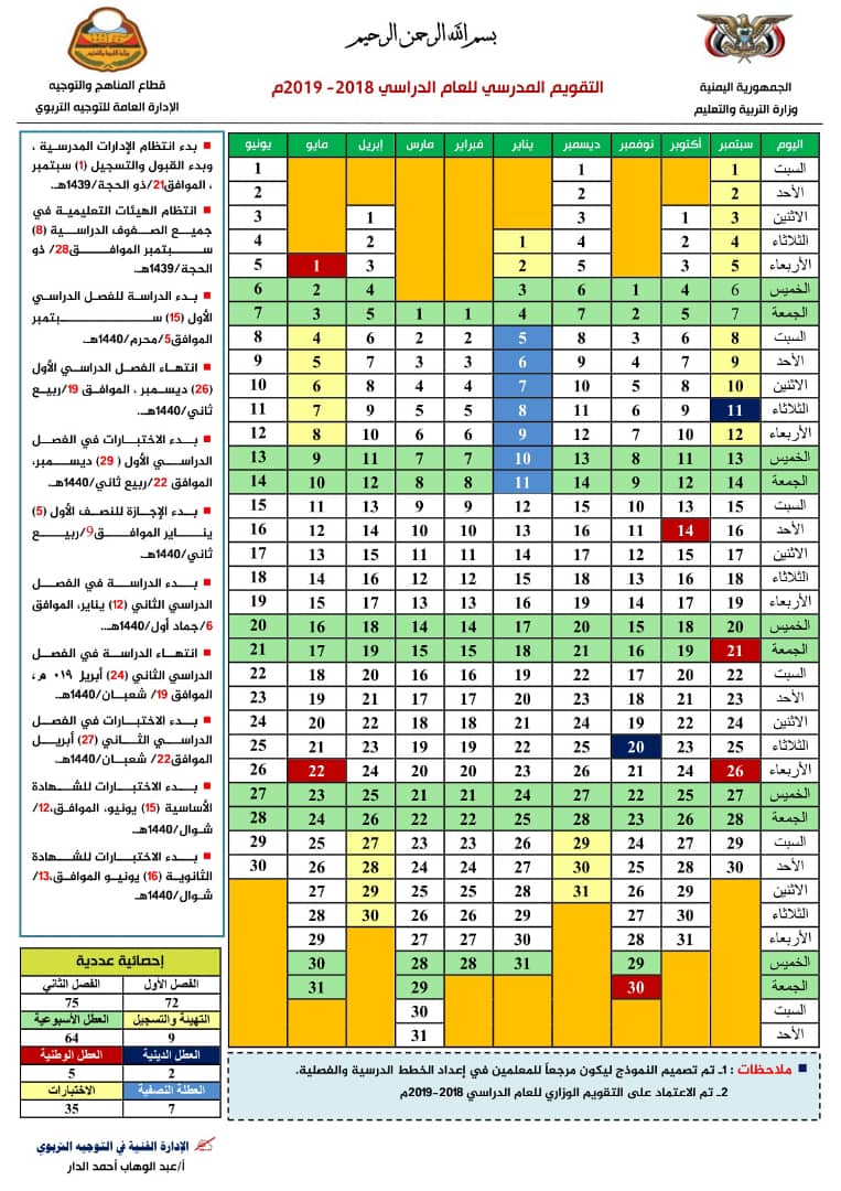 التقويم الدراسي 2018-2019 اليمن .. بيان الخطة الدراسية 2019 باليمن ومواعيد الامتحانات 1