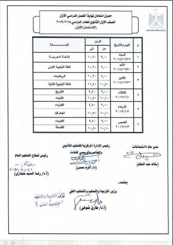 جدول امتحان الصف الاول الثانوي القديم