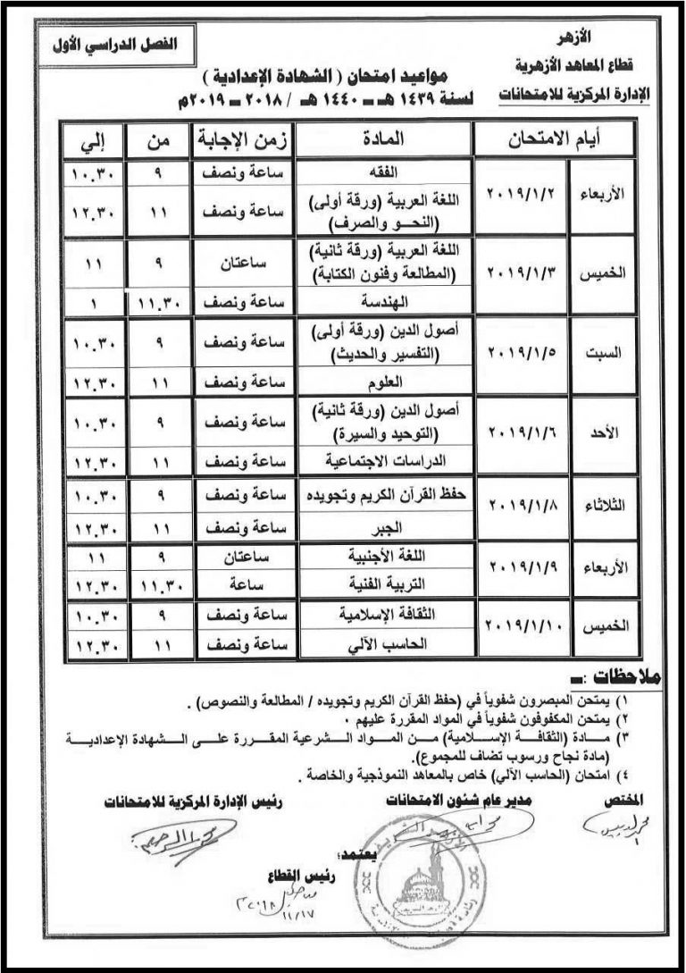 ننشر جميع جداول إمتحانات الفصل الدراسي الأول لصفوف الإبتدائي والاعدادي 4787