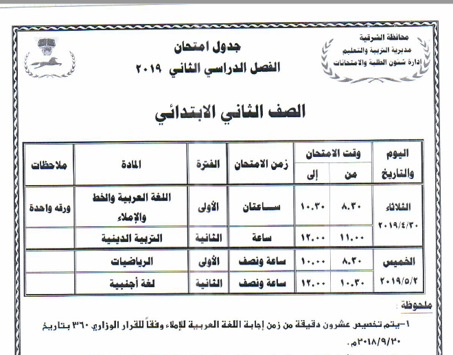 جداول امتحانات أخر العام محافظة الشرقية 2019 2