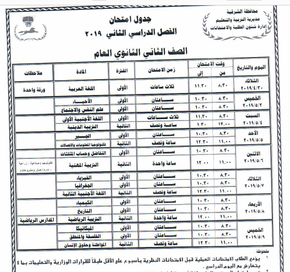 جداول امتحانات أخر العام محافظة الشرقية 2019 10