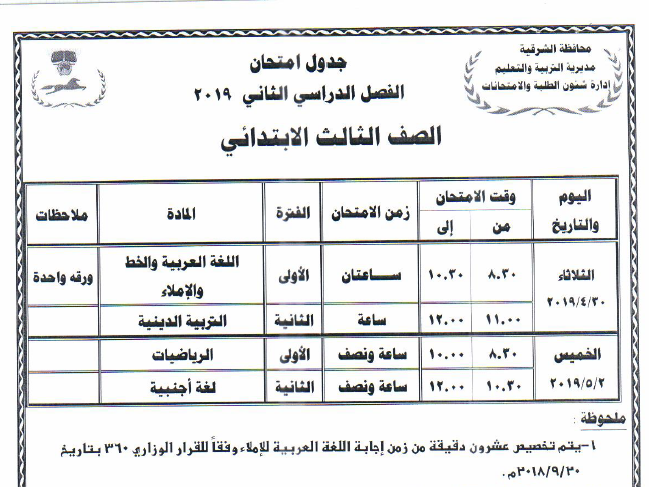 جداول امتحانات أخر العام محافظة الشرقية 2019 3