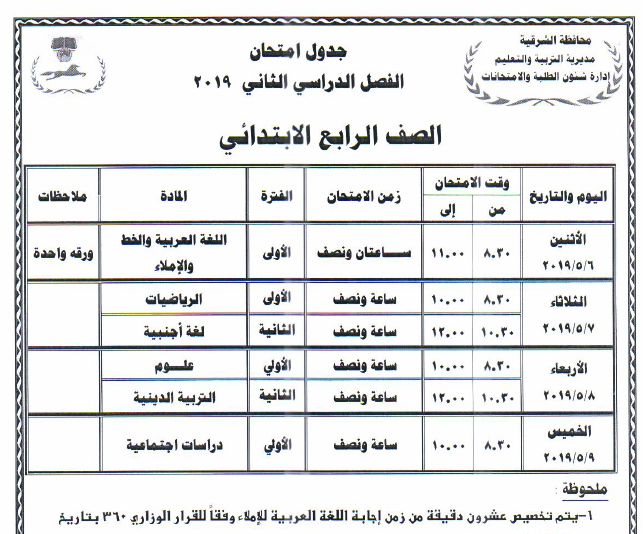 جداول امتحانات أخر العام محافظة الشرقية 2019 4