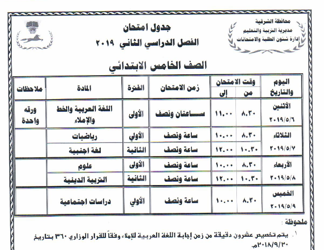 جداول امتحانات أخر العام محافظة الشرقية 2019 5