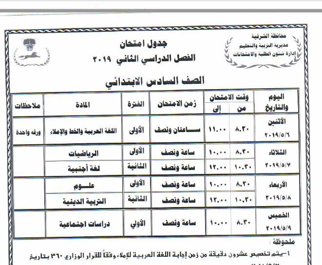 جداول امتحانات أخر العام محافظة الشرقية 2019 6