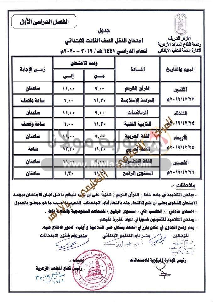 جدول إمتحانات الفصل الدراسي الأول المرحلة الابتدائية الأزهرية 2020 4