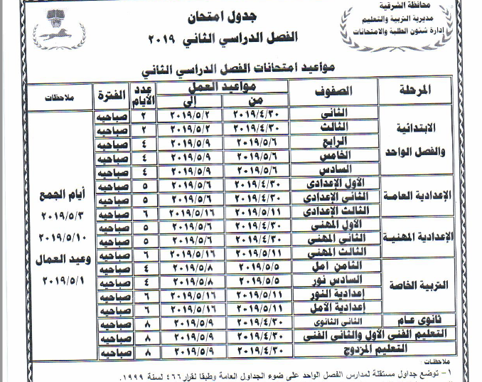 جداول امتحانات أخر العام محافظة الشرقية 2019 1