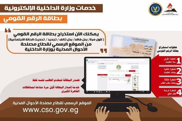 خطوات استخراج بطاقة الرقم القومي إلكترونياً من الموقع الرسمي لوزارة الداخلية والاستلام خلال ٧٢ ساعة