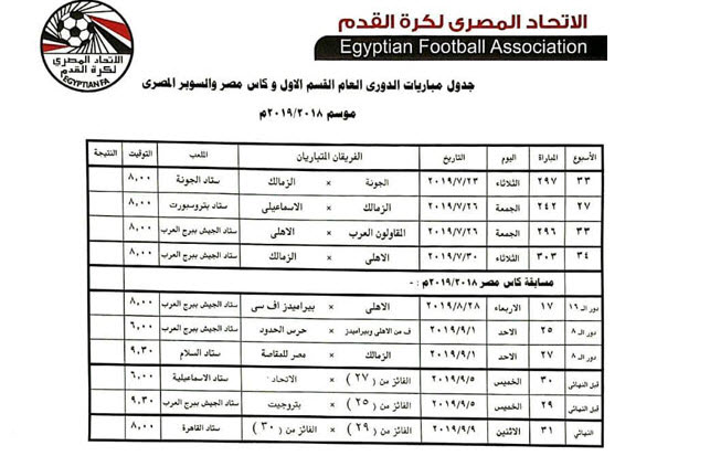 مواعيد المباريات المتبقية فى بطولتي الدوري العام وكأس مصر 2019