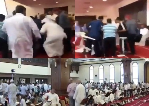 “بالفيديو” اشتباكات عنيفة بين المصلين أثناء صلاة الجمعة اليوم والتلفزيون الرسمي بالكويت ينقل المشاجرة على الهواء مباشرةً
