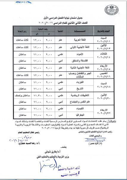 جدول امتحانات الصف الأول والثاني الثانوي 2020 بعد تعديله من الوزارة