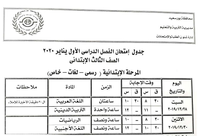 جدول امتحانات محافظة الجيزة وبورسعيد الفصل الدراسي الأول 2020 جميع الصفوف 8