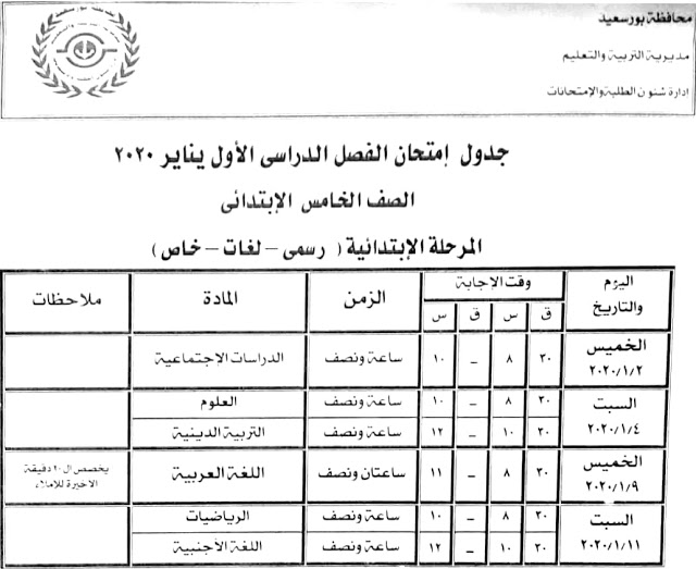 جدول امتحانات محافظة الجيزة وبورسعيد الفصل الدراسي الأول 2020 جميع الصفوف 13