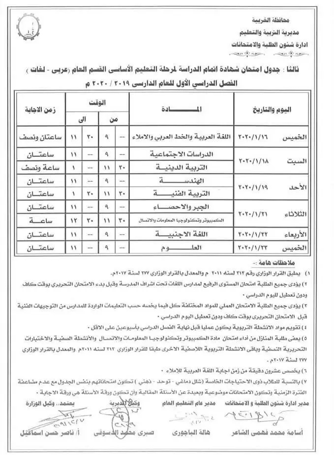 جدول امتحانات الشهادة الاعدادية الترم الأول 2020 جميع محافظات مصر 19