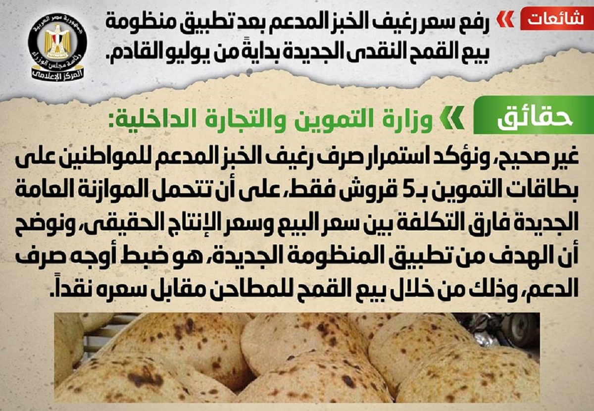 مجلس الوزراء ينفي رفع سعر الخبز المُدعم أول يوليو