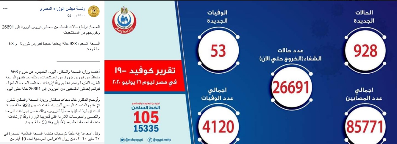 الصحة تعلن  تقريرها اليومي بشأن أعداد المصابين بفيروس كورونا اليوم الخميس 16 يوليو وتراجع جديد بالوفيات 1