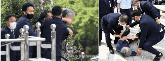رئيس كوريا الجنوبية يتعرض للضرب بحذاء أثناء خروجه من مبنى البرلمان – فيديو- 8