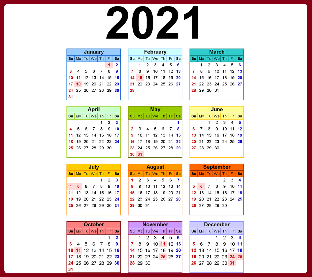 جدول الإجازات 2021