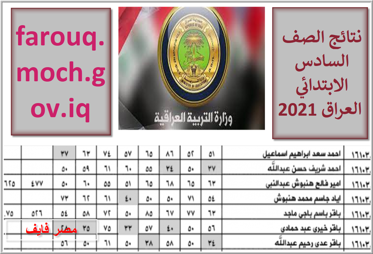 الاستعلام عن نتائج السادس الابتدائي2021  farouq moch gov iq بصيغة pdf الدور الأول بالعراق