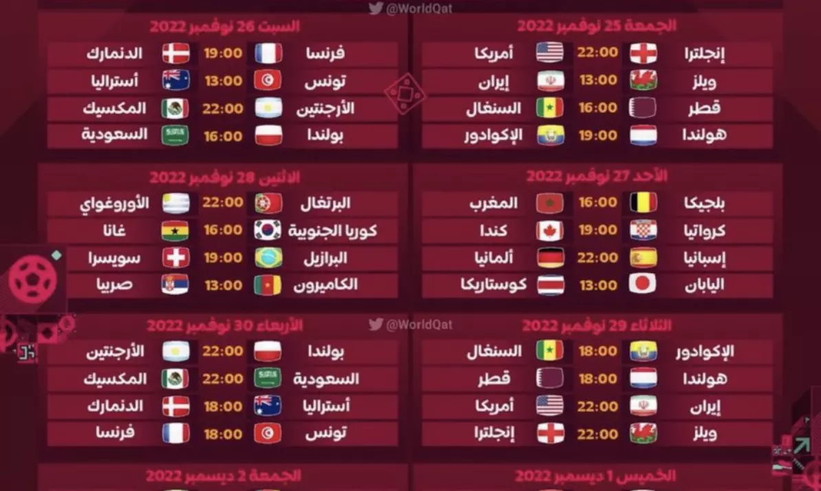 جدول مباريات كاس العالم اليوم الأحد 27 نوفمبر 2022 اليوم الثامن الجولة الثانية من مونديال قطر