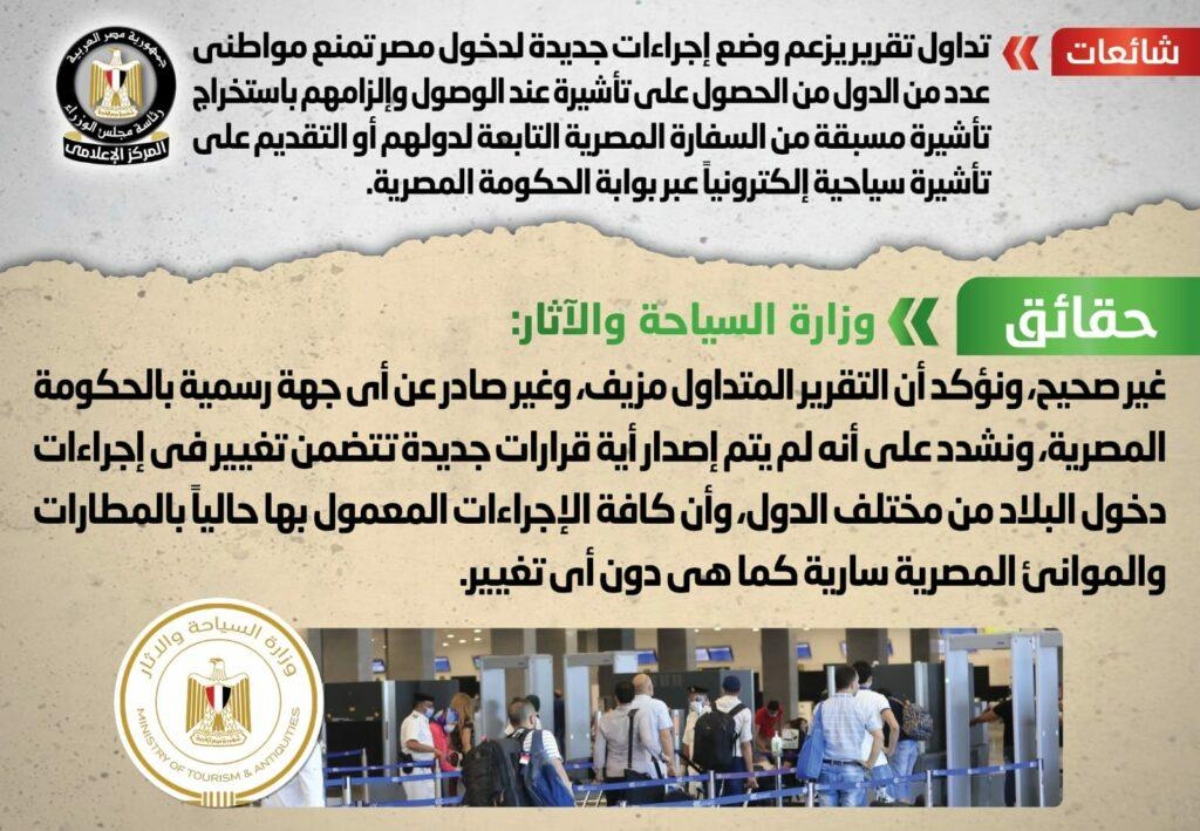 وزارة السياحة والآثار توضح حقيقة منع التأشيرة عند الوصول لمواطني عدد من الدول