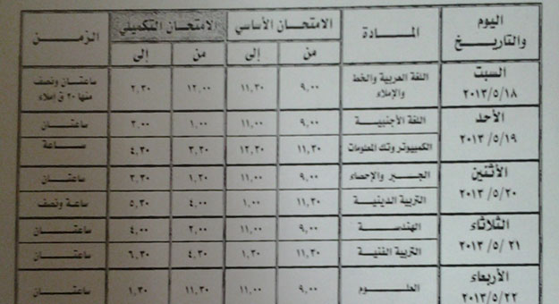 جدول امتحانات الشهادة الاعدادية محافظة الاسكندرية 2013 الترم التانى
